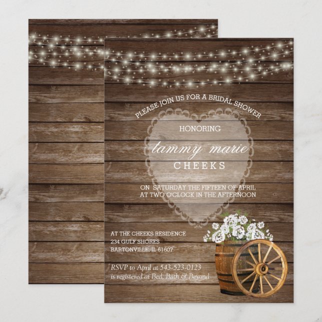 Rustic Wood Barrel Bröllop med White Flowers Inbjudningar (Fram/baksida)