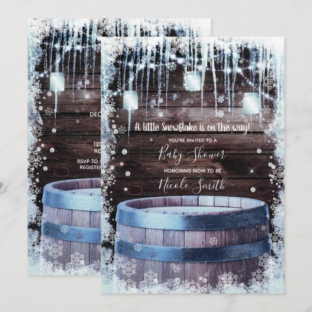 Rustic Wood Barrel & Ljus Winter Baby Shower Inbjudningar (Fram/baksida)