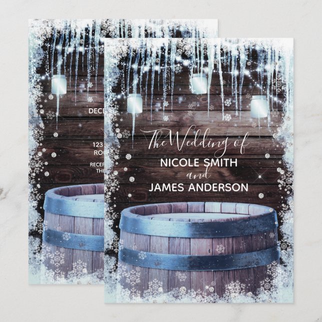Rustic Wood Barrel & Ljus Winter Barn Bröllop Inbjudningar (Fram/baksida)