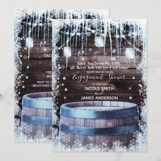 Rustic Wood Barrel & Ljus Winter Barn Förlovning Inbjudningar (Fram/baksida)