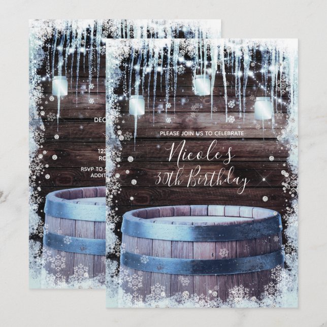 Rustic Wood Barrel & Ljus Winter Födelsedagsfest Inbjudningar (Fram/baksida)