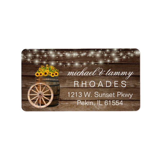 Rustic Wood Barrel och Land Sunblommor Adressetikett (Framsidan)