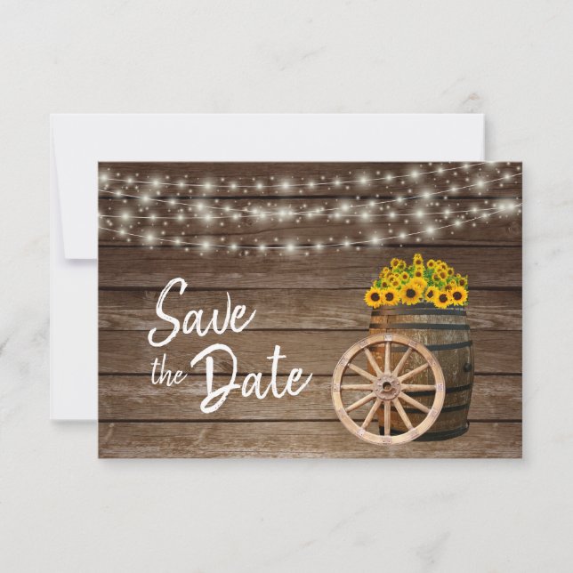 Rustic Wood Barrel och Sunwers - Save Date Spara Datumet (Framsida)