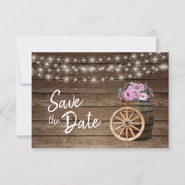 Rustic Wood Barrel & Rosa Flowers - Save Date Spara Datumet (Framsida)