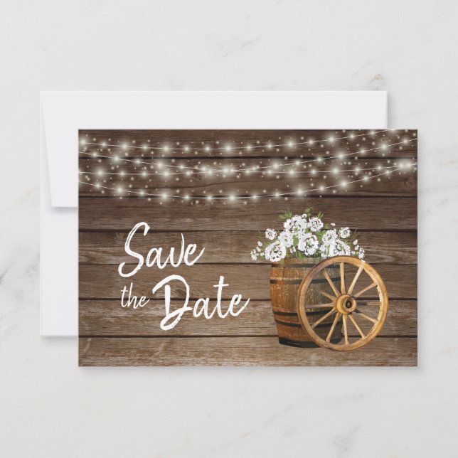 Rustic Wood Barrel White Flowers - Save Date Spara Datumet (Framsida)