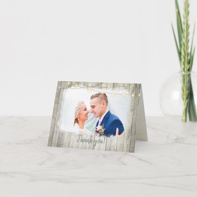 Rustic Wood Beach String Ljus Photo Bröllop Tack Kort (Framsida)