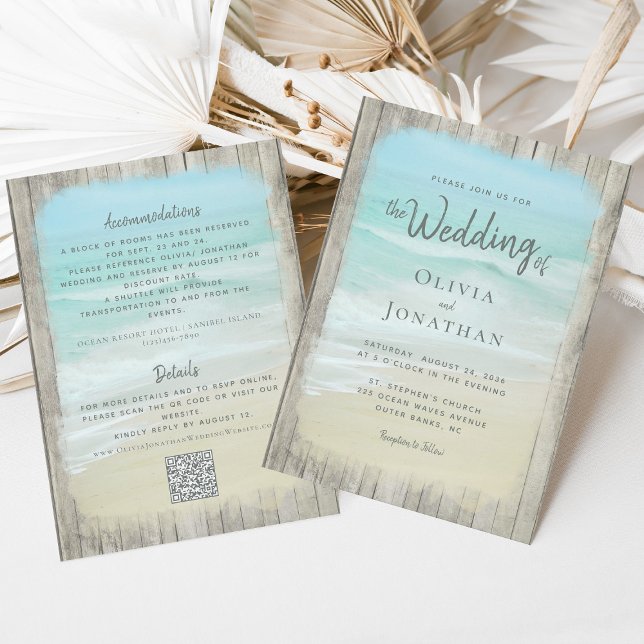 Rustic Wood Beach Wedding Allt i en QR-kod Inbjudningar (Skapare uppladdad)