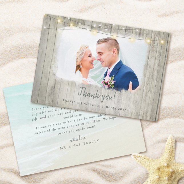 Rustic Wood Beach Wedding Photo Tack Kort (Skapare uppladdad)