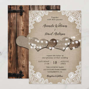 Rustic Wood Beige Burlap White Blommigt Snöre Bröl Inbjudningar