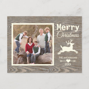 Rustic Wood Beige Reindeer julfamiljfoto Helg Vykort
