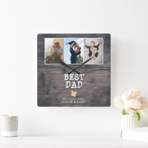 Rustic Wood Best Pappa 3 Photo Collage Keepsak Fyrkantig Klocka
