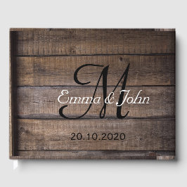 Rustic Wood Black Monogram Bröllop Guest Bok