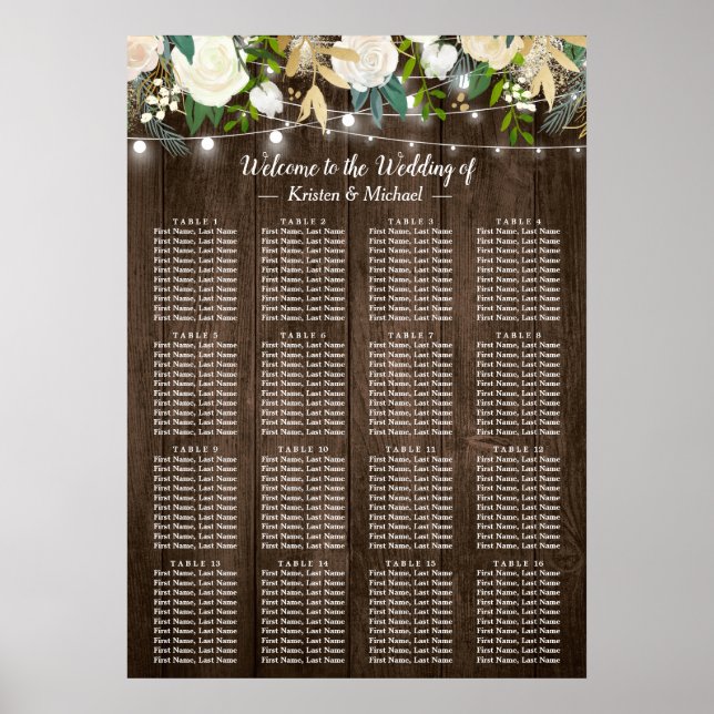 Rustic Wood Blommigt 16 Bord Bröllop Sittdiagram Poster (Framsidan)