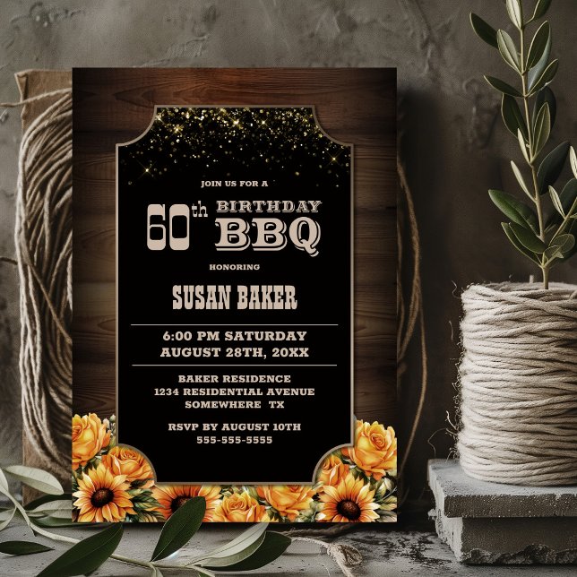 Rustic Wood Blommigt 60:e födelsedag BBQ Inbjudningar (Skapare uppladdad)