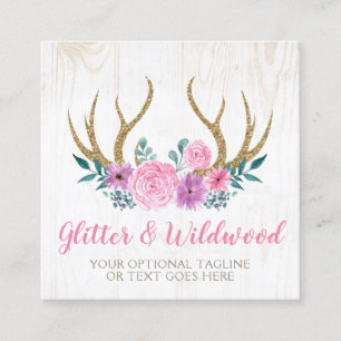 Rustic Wood & Blommigt Antlers Boutique Social Med Fyrkantigt Visitkort