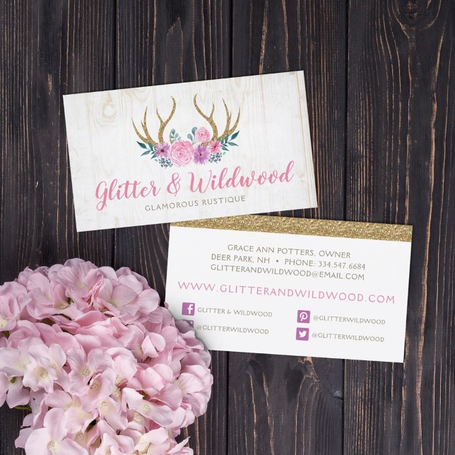 Rustic Wood & Blommigt Antlers Boutique Social Med Visitkort (Skapare uppladdad)