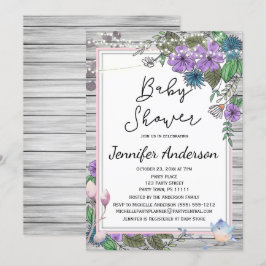 Rustic Wood Blommigt Birds Ljus Baby Shower Inbjudningar