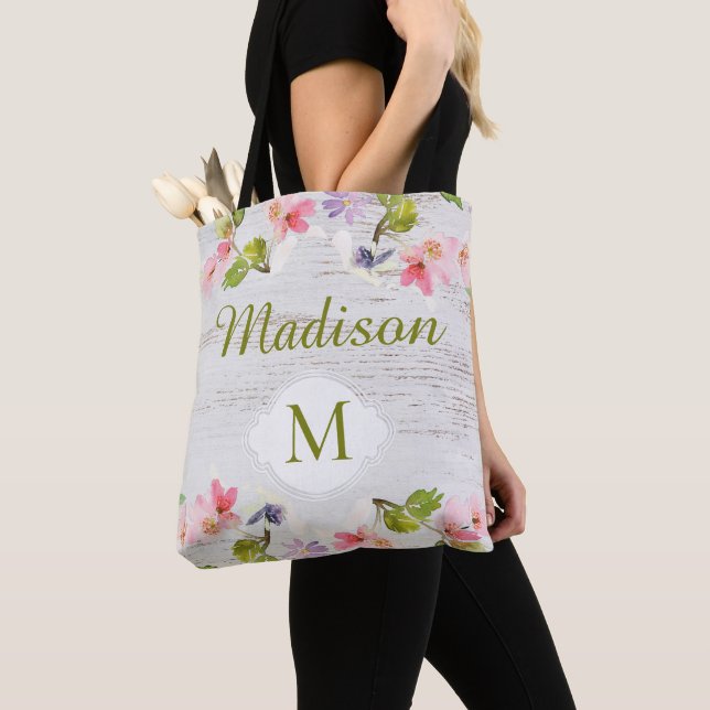 Rustic Wood Blommigt Bridesmaid Trendig Monogram Tygkasse (Närbild)