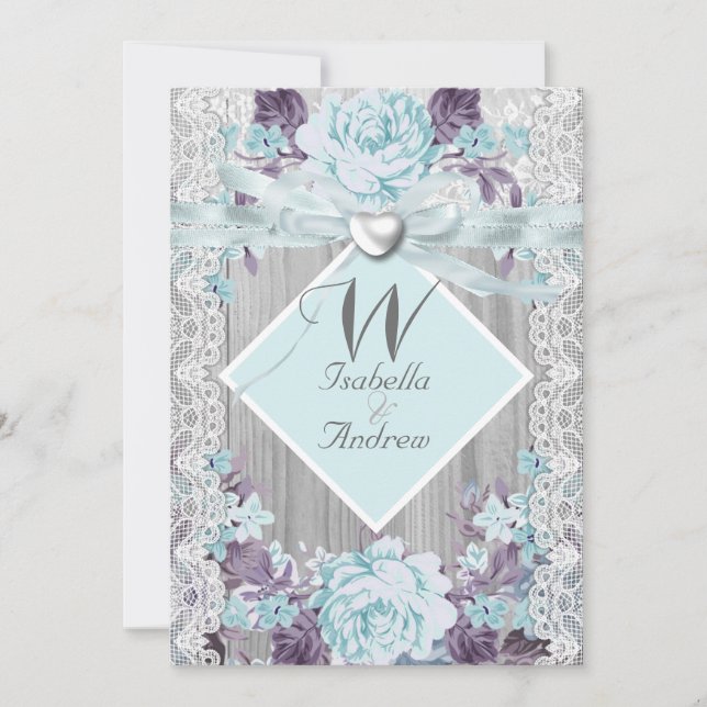 Rustic Wood Blommigt Bröllop White Snöre Teal Blue Inbjudningar (Framsida)