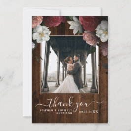 Rustic Wood Blommigt Burgundy Rosa Vintage Photo Tack Kort