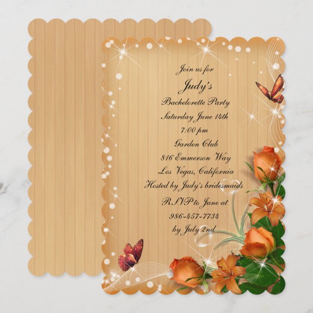 Rustic Wood Blommigt Butterfly Bachelorette Party Inbjudningar (Fram/baksida)