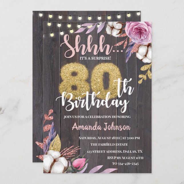 Rustic Wood Blommigt Cotton 80:e födelsedagsinbjud Inbjudningar (Fram/baksida)