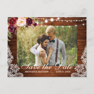 Rustic Wood Blommigt Ljus Snöre Photo Save Date Vykort