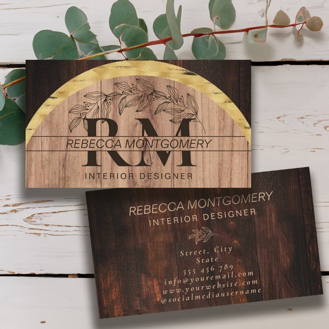 Rustic Wood Blommigt Monogrammed Guld Visitkort (Rustic Wood Floral Monogrammed Gold Business Card)
