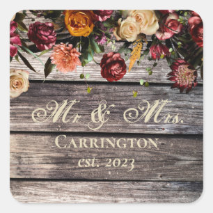 Rustic Wood Blommigt Mr & Mrs Bröllop Fyrkantigt Klistermärke
