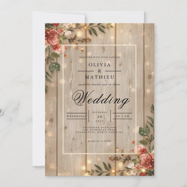Rustic Wood Blommigt Romantik Bröllop Inbjudningar (Framsida)