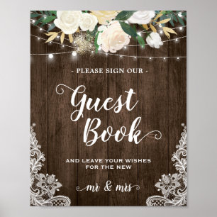 Rustic Wood Blommigt Snöre Guestbook Bröllop-tecke Poster