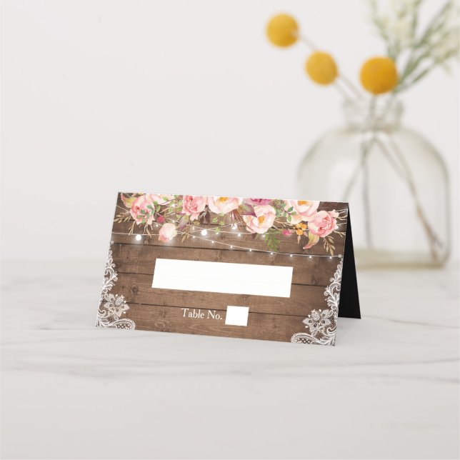 Rustic Wood Blommigt Snöre String Ljus Bröllop Placeringskort (Framsida)