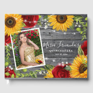 Rustic Wood Blommigt Solros Ro Quinceanera Gästböcker