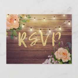 Rustic Wood Blommigt String Light Bröllop OSA Repl Inbjudan Vykort