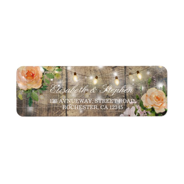 Rustic Wood Blommigt String Ljus Bröllop Adress Returadress Etikett (Framsidan)