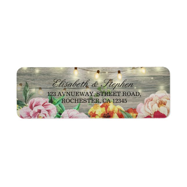 Rustic Wood Blommigt String Ljus Bröllop Adress Returadress Etikett (Framsidan)