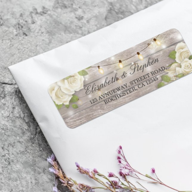 Rustic Wood Blommigt String Ljus Bröllop Adress Returadress Etikett (Skapare uppladdad)