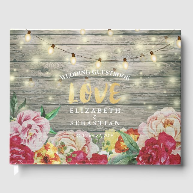 Rustic Wood Blommigt String Ljus Bröllop Guestbook Gästböcker (Framsida)