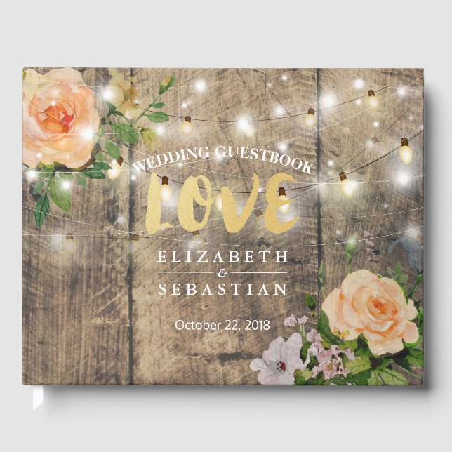 Rustic Wood Blommigt String Ljus Bröllop Guestbook Gästböcker (Framsida)