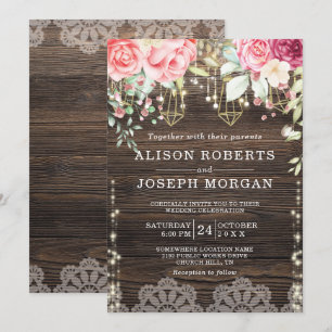 Rustic Wood Blommigt String ljus Bröllop Inbjudningar
