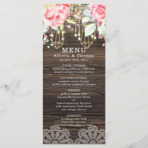 Rustic Wood Blommigt String ljus Bröllop Menu Meny