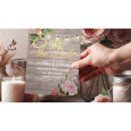 Rustic Wood Blommigt String Ljus Bröllop Spara Dat Datumet