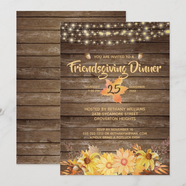 Rustic Wood Blommigt String Ljus Friendsgiving Inbjudningar (Fram/baksida)