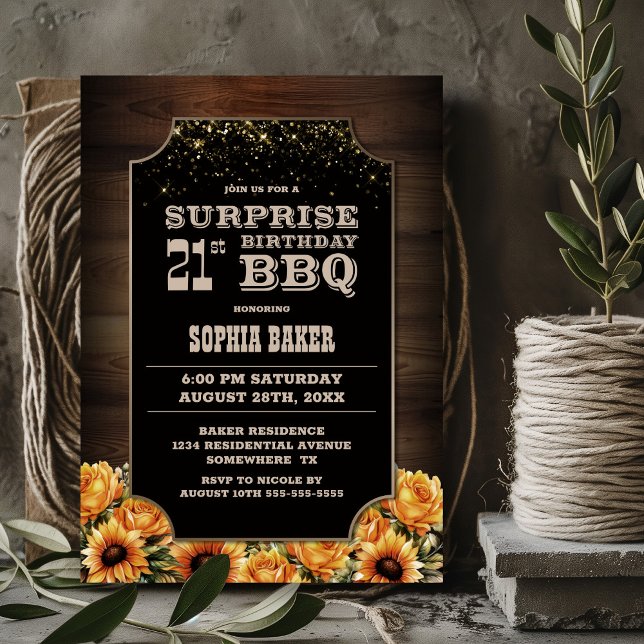 Rustic Wood Blommigt Surprise 21st Birthday BBQ Inbjudningar (Skapare uppladdad)