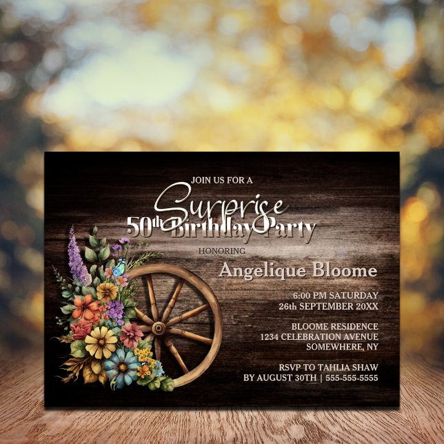 Rustic Wood Blommigt Surprise 50:e födelsedagen Inbjudningar (Skapare uppladdad)