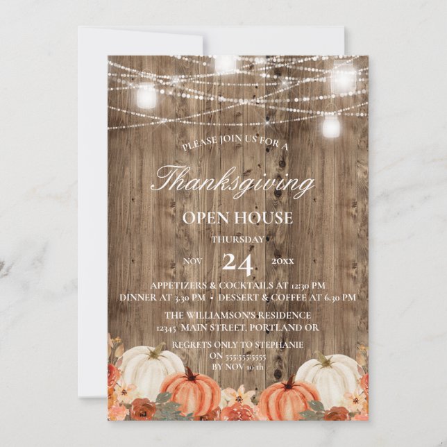 Rustic Wood & Blommigt Thanksgiving Open House Inbjudningar (Framsida)