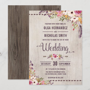 Rustic Wood Blommigt Wedding bjudande Boho Party Inbjudningar
