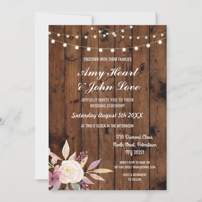 Rustic Wood Blommigt Wedding bjudande in Ljus Flow Inbjudningar (Framsida)