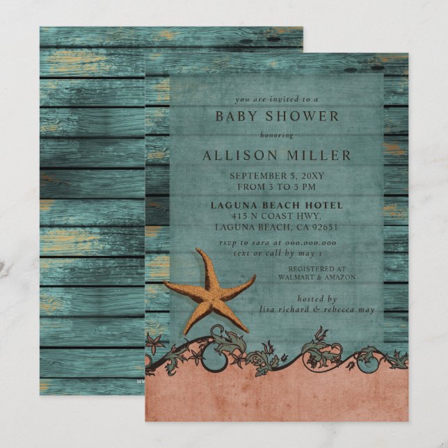 Rustic Wood Blue Coral Starfish Beach Baby Shower Inbjudningar (Fram/baksida)