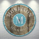 Rustic Wood Blue Family Namn Darttavla<br><div class="desc">Den här ritytan är perfekten till ditt familjestrandhus, sjö hus, spelrum, människogrottor med mera. Den har ett djärvt inledande monogram i mitten, där din familj namn stolt visas överst. Grund står "Beach House", men det kan anpassas till alla platser, teman eller tillfälle. Formeln kombinerar en rustik träbakgrund med ett slående...</div>
